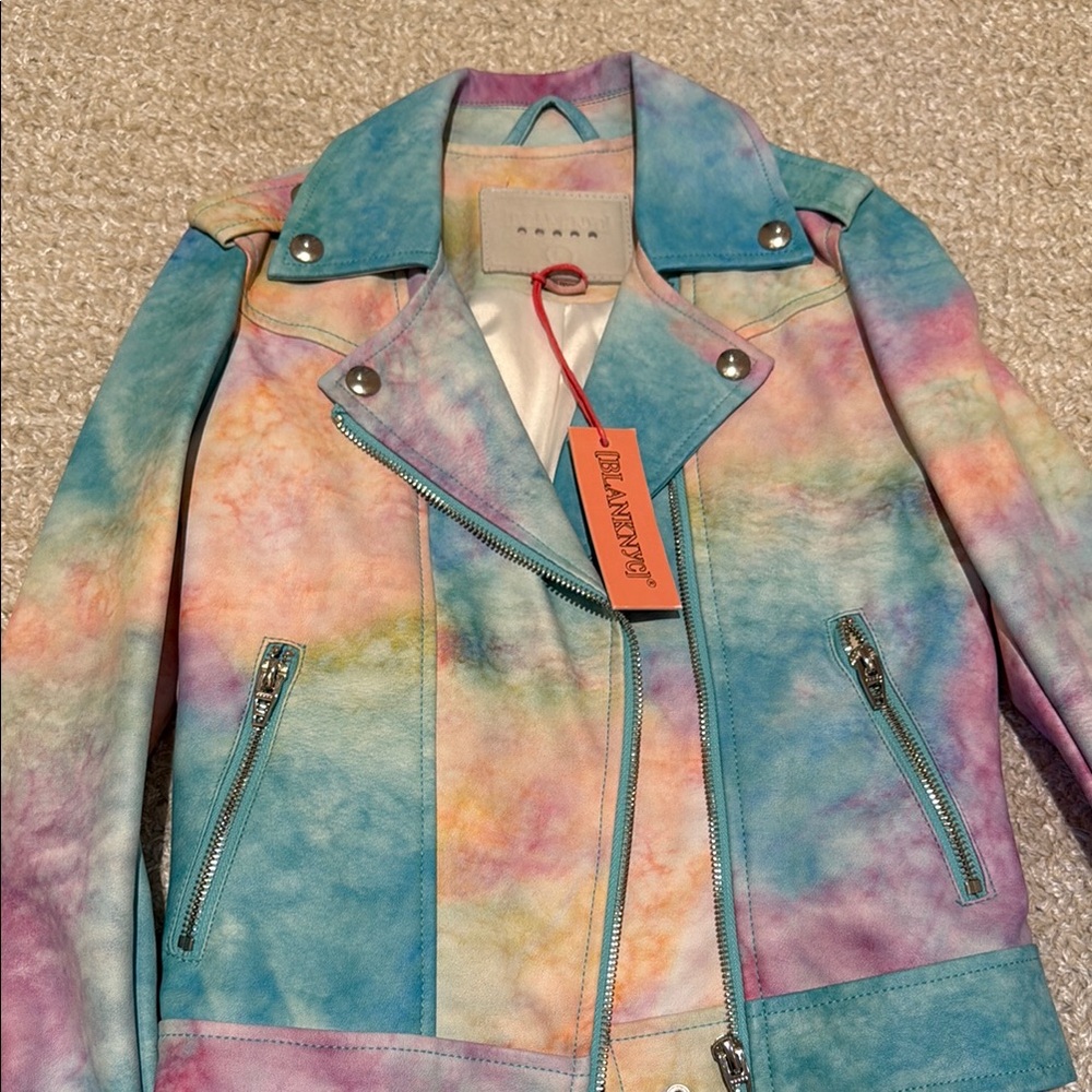 Blank NYC Blue and Pink Leather Moto Jacket